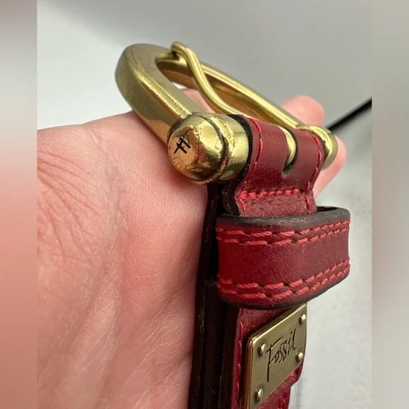 VTG Red Genuine Leather Fossil Brass Buckle Belt Size L 36-40” - Picture 8 of 16